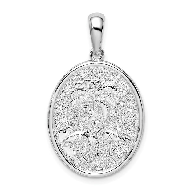 Sterling Silver Rhod-plated Textured Flamingos w/Palm Tree Oval Pendant