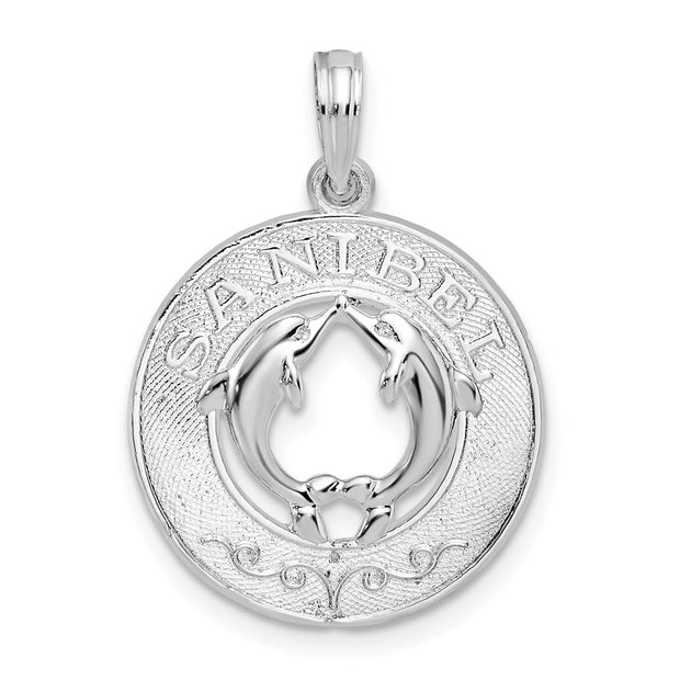Sterling Silver Rhod-plated Polished Sanibel Circle w/Dolphins Pendant