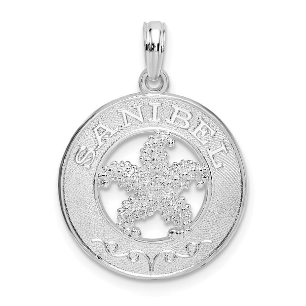 Sterling Silver Rhodium-plated Polished Sanibel Circle w/Starfish Pendant