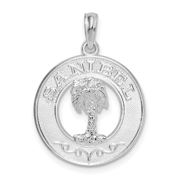 Sterling Silver Rhod-plated Polished Sanibel Circle w/Palm Tree Pendant