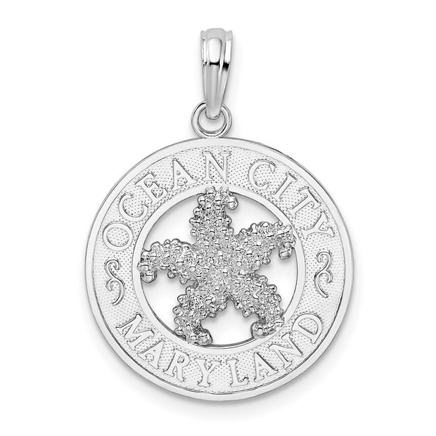 Sterling Silver Rhodium-plated Ocean City, MD Circle w/Starfish Pendant