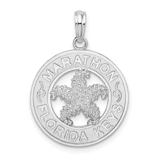 Sterling Silver Rhodium-plated Marathon FL Keys Circle w/Starfish Pendant