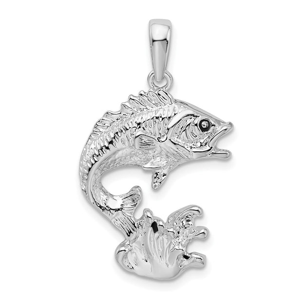 Sterling Silver Rhodium-plated Polished Jumping Bass Fish Pendant
