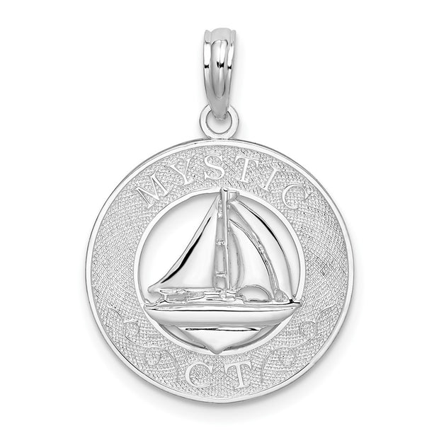 Sterling Silver Rhodium-plated Mystic, CT Circle w/Sailboat Pendant