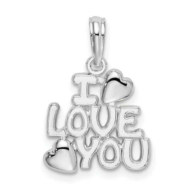 Sterling Silver Rhodium-plated Polished I LOVE YOU w/Hearts Pendant