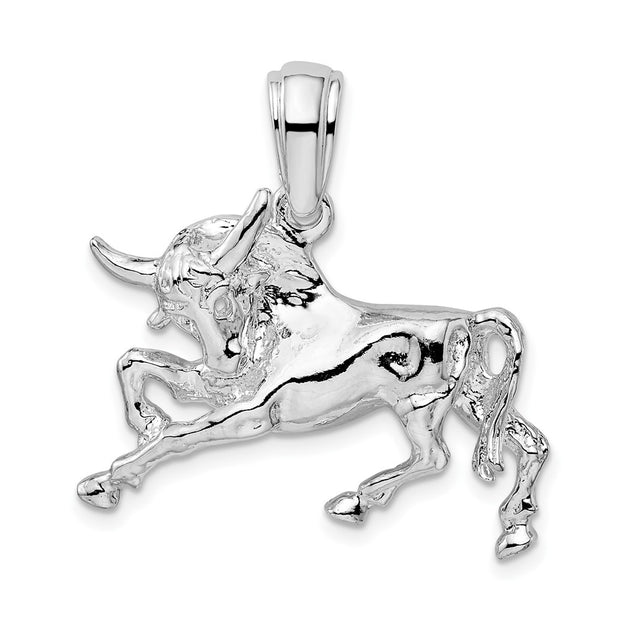Sterling Silver Rhodium-plated Polished Raging Bull Pendant
