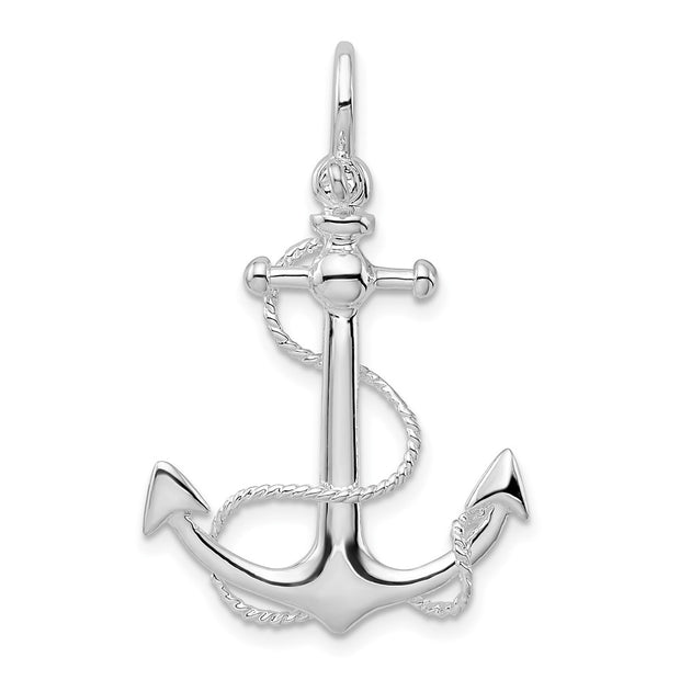 Sterling Silver Rhodium-plated Polished 3D Anchor w/Rope Pendant