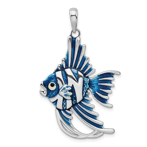 Sterling Silver Rhodium-plated Polished Enameled Angel Fish Pendant