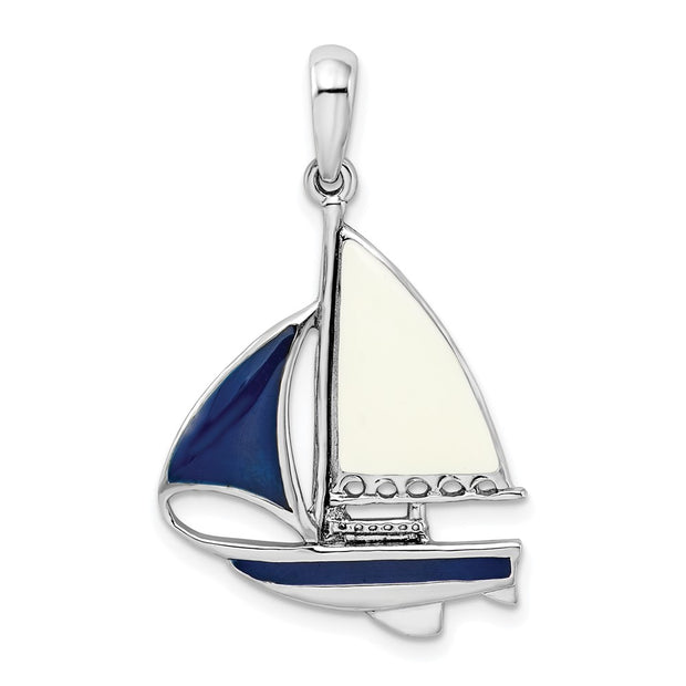 Sterling Silver Rhodium-plated Polished Enameled Sailboat Pendant