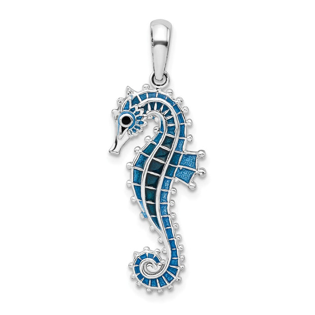 Sterling Silver Rhod-plated Polished 3D Enameled Blue Seahorse Pendant