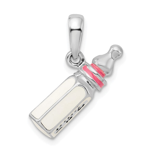 Sterling Silver Rhodium-plated Polished 3D Pink Baby Bottle Pendant
