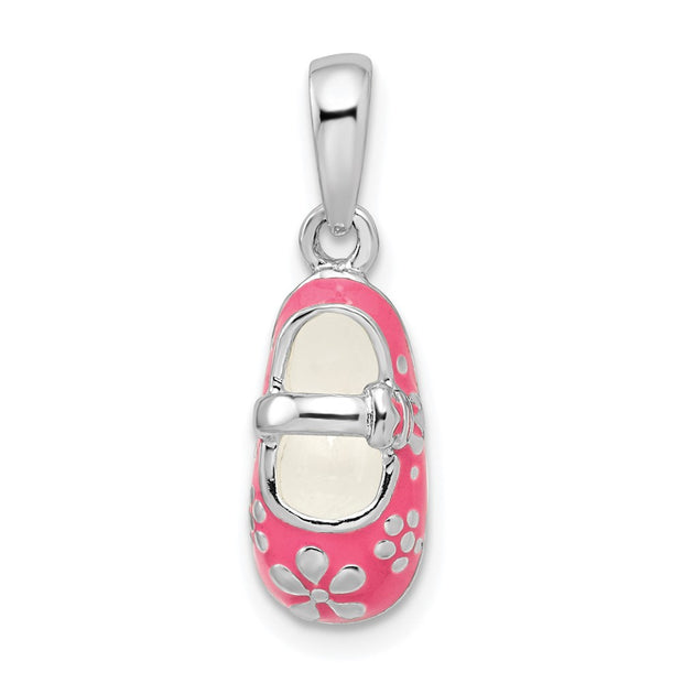 Sterling Silver Rhodium-plated 3D Pink Enameled Baby Shoe Pendant