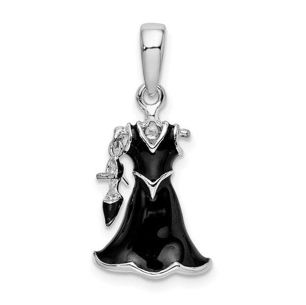 Sterling Silver Rhodium-plated 3D Enameled Black Dress and Shoe Pendant