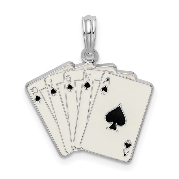 Sterling Silver Rhodium-plated Enameled Cards Royal Flush Pendant