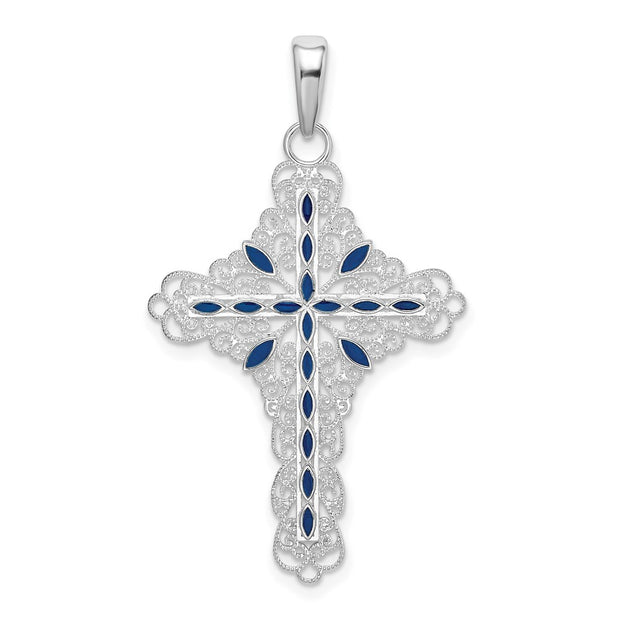 Sterling Silver Rhodium-plated Polished Enameled Filigree Cross Pendant