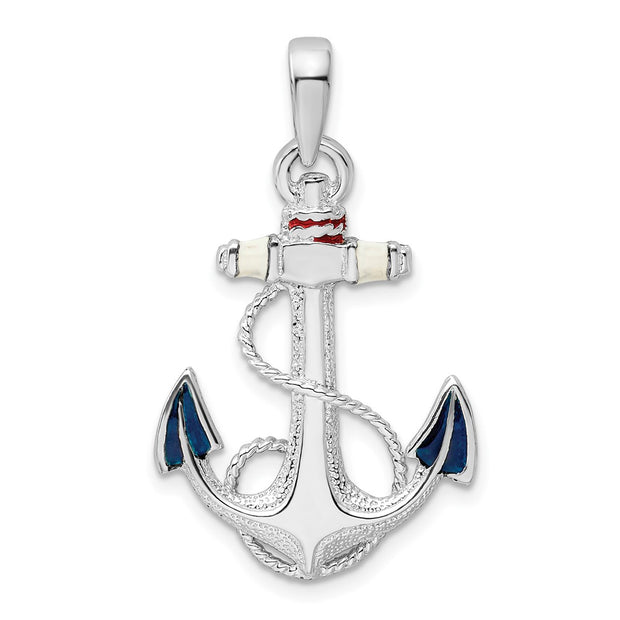 Sterling Silver Rhodium-plated Enameled Anchor w/Rope Pendant
