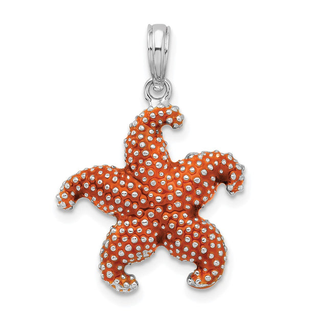 Sterling Silver Rhodium-plated Enameled Orange Starfish Pendant