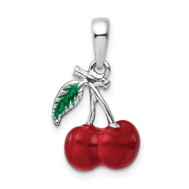 Sterling Silver Rhodium-plated Polished 3D Enameled Cherries Pendant