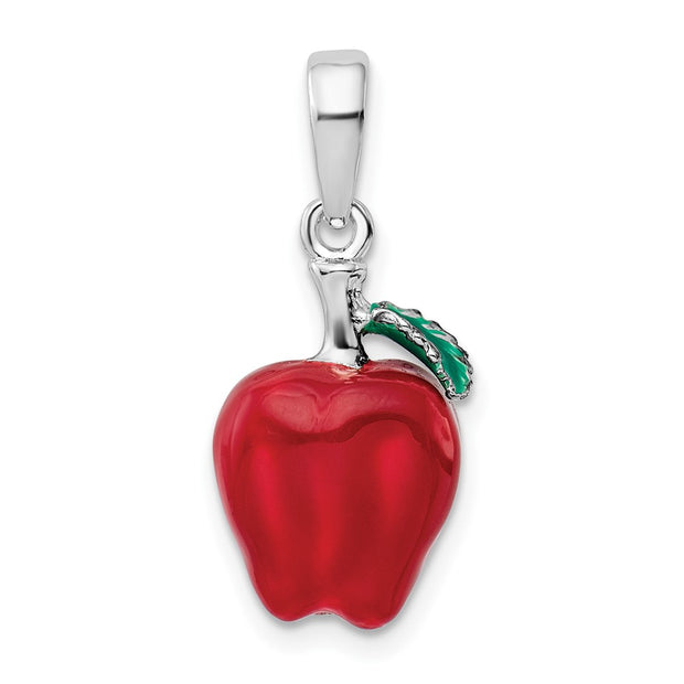Sterling Silver Rhodium-plated Polished 3D Enameled Apple Pendant