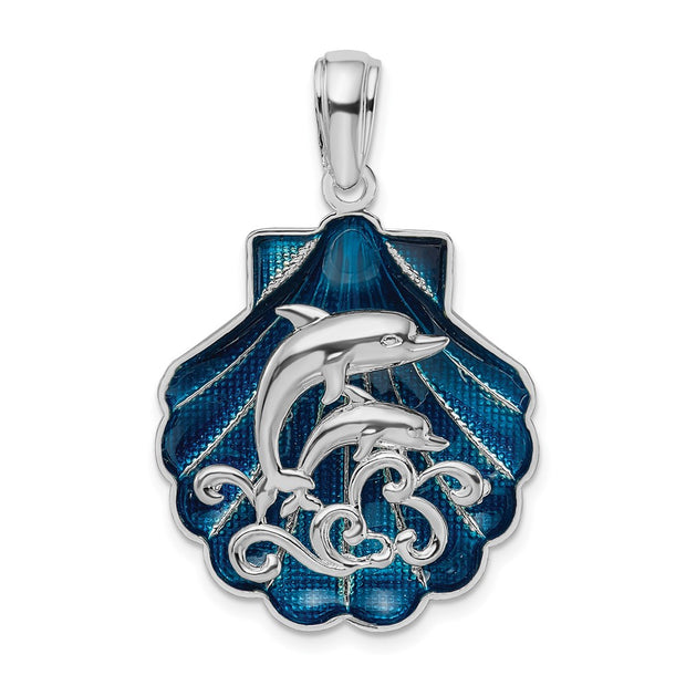 Sterling Silver Rhodium-plated Enameled Blue Shell w/Dolphins Pendant