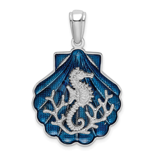 Sterling Silver Rhodium-plated Enameled Blue Shell w/Seahorse Pendant