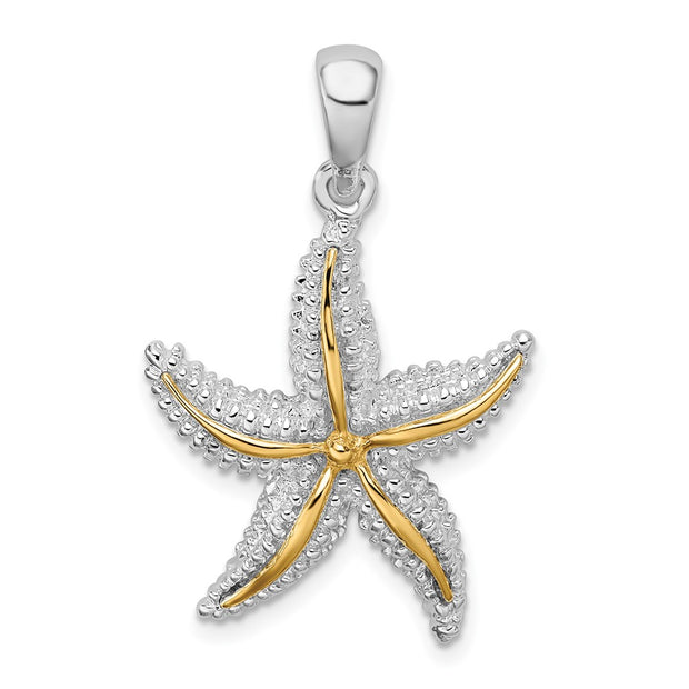 Sterling Silver Rhodium-plated Polished Starfish w/14k Accent Pendant