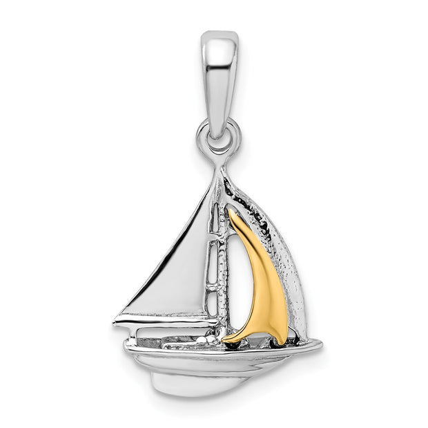 Sterling Silver Rhodium-plated Polished 3D Sailboat w/14k Sail Pendant