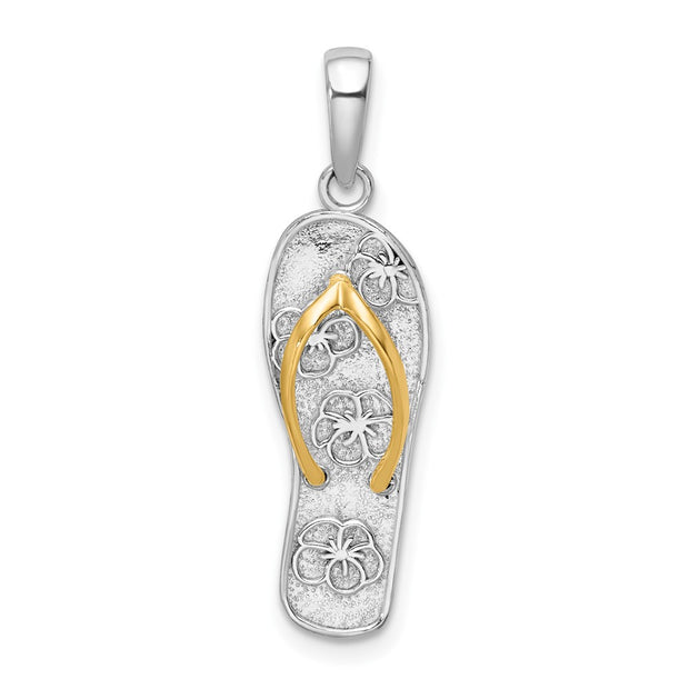 Sterling Silver Rhodium-plated 3D Floral Flip-flop w/14k Straps Pendant