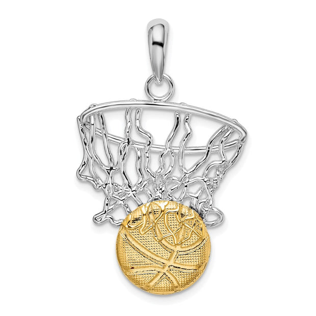 Sterling Silver Rhodium-plated Polished Net w/14k Basketball Pendant