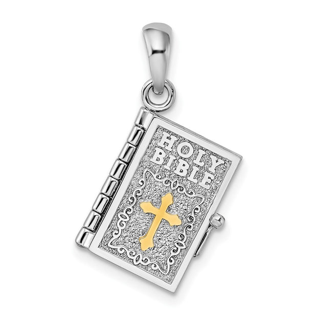 Sterling Silver Rhod-plted 3D Lords Prayer Holy Bible w/14k Pendant