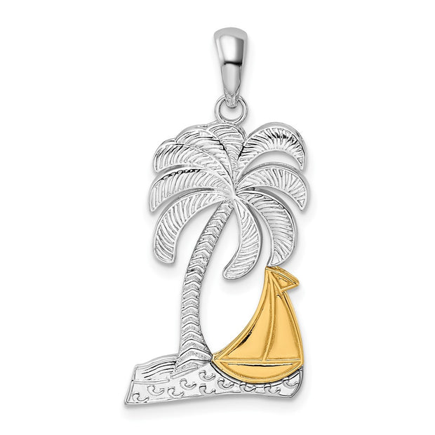 Sterling Silver Rhod-plated Polished Palm Tree w/14k Sailboat Pendant
