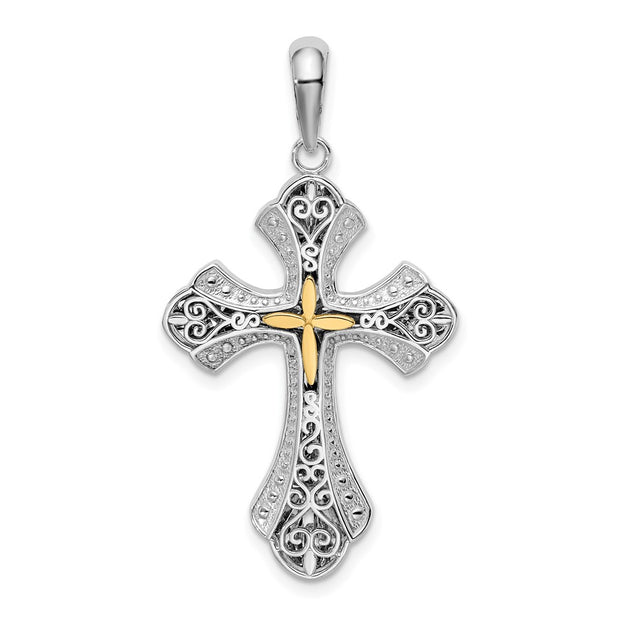 Sterling Silver Rhod-plated Filigree Budded Cross w/14k Accent Pendant