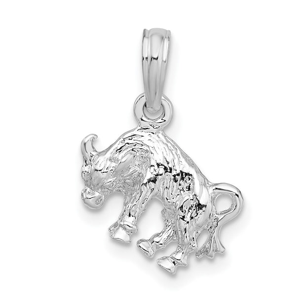 Sterling Silver Rhodium-plated Polished 3D Taurus Zodiac Pendant