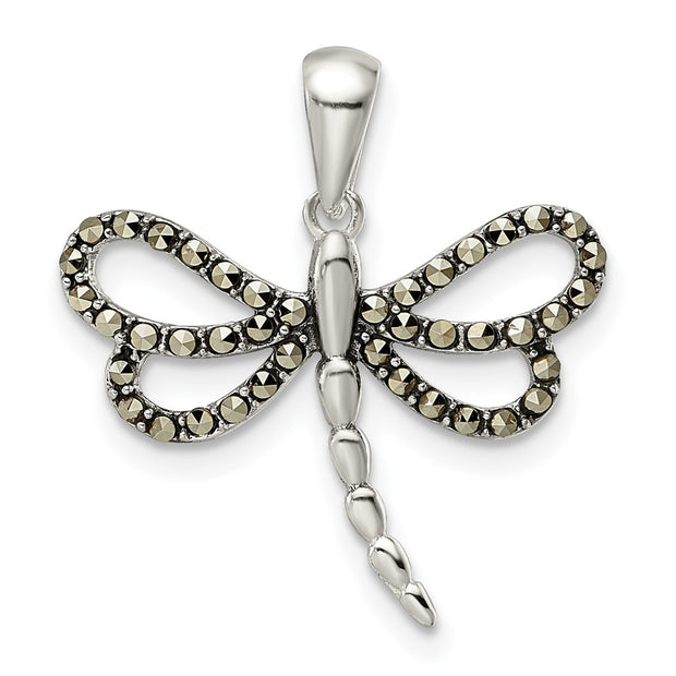 Sterling Silver Antiqued Polished Marcasite Dragonfly Pendant