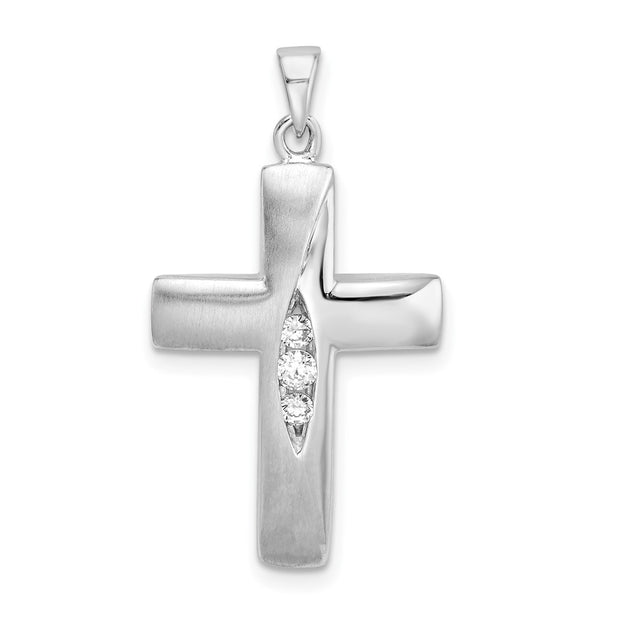 Sterling Silver RH Polished and Brushed CZ Cross Pendant