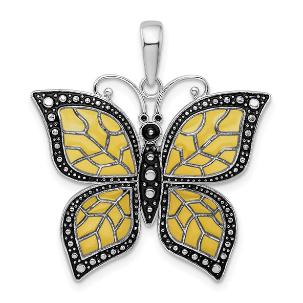 Sterling Silver Rhod-plated Polished Enameled Yellow Butterfly Pendant