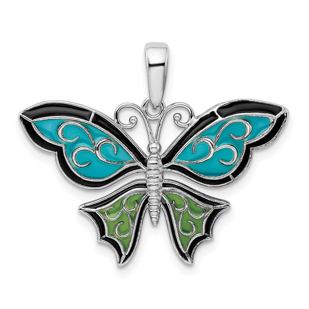 Sterling Silver Rhod-plated Polished Enameled Aqua Butterfly Pendant