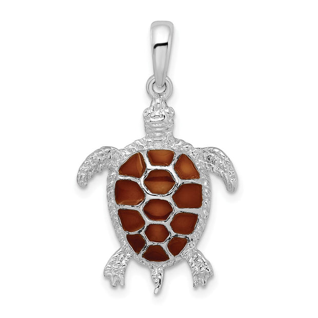 Sterling Silver Polished Enameled Brown Sea Turtle Pendant