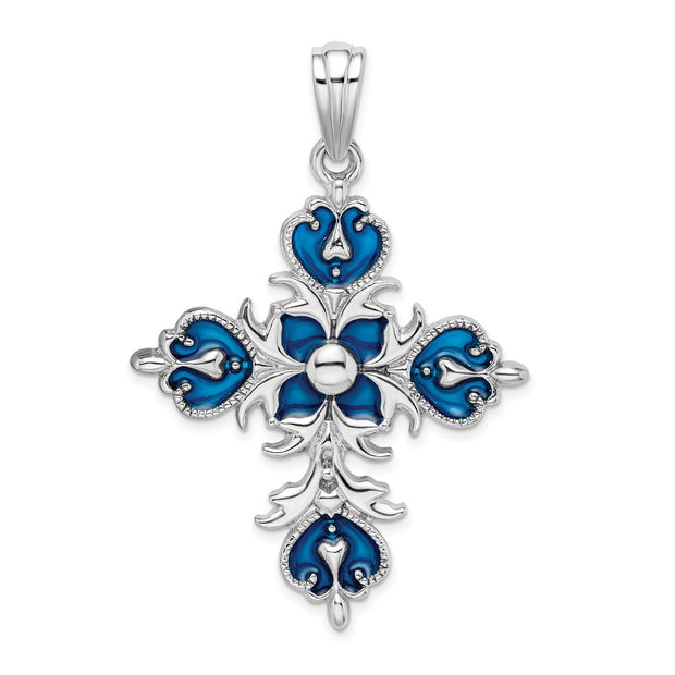 Sterling Silver Rhodium-plated Polished Enamel Fleur de Lis Cross Pendant