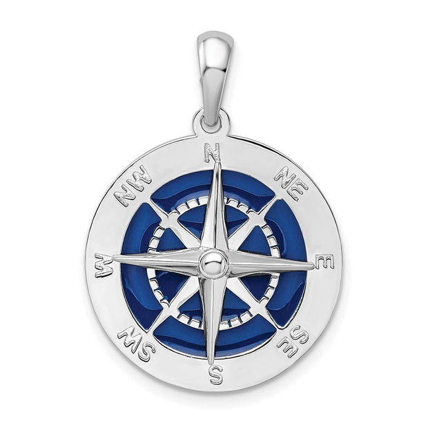 Sterling Silver Rhodium-plated Polished Enameled Lg. Compass Pendant