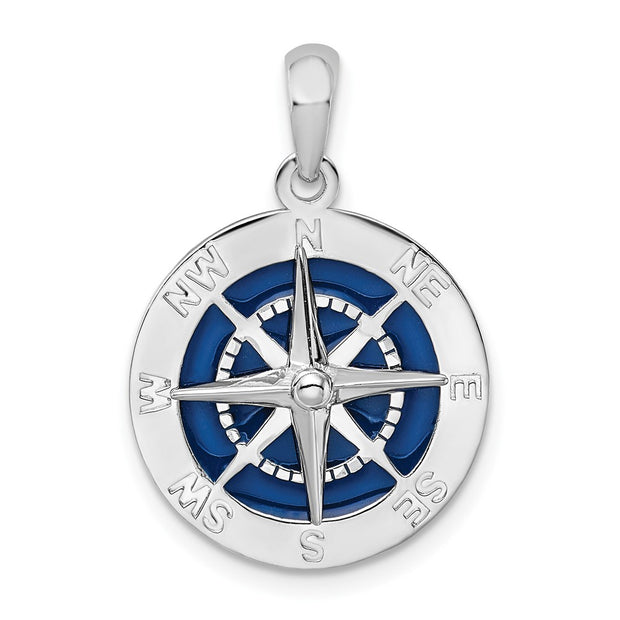 Sterling Silver Rhodium-plated Polished Enameled Compass Pendant