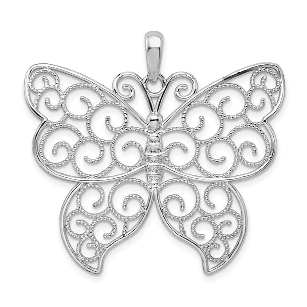 Sterling Silver Rhodium-plated Large Beaded Filigree Butterfly Pendant