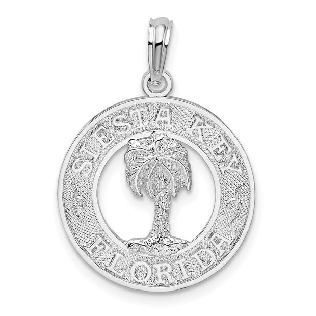 Sterling Silver Rhod-plated Textured Siesta Key,FL w/Palm Tree Pendant