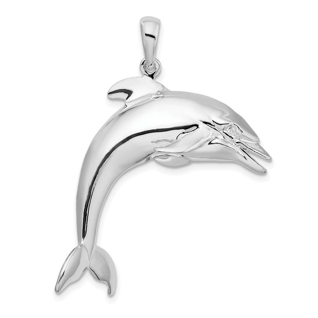Sterling Silver Rhodium-plated Polished 3D Jumping Dolphin Pendant
