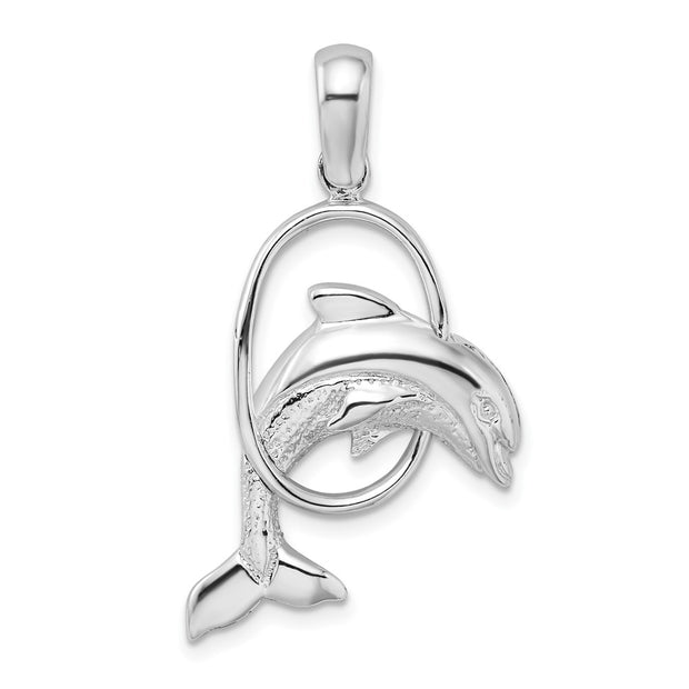 Sterling Silver Rhodium-plated Dolphin Jumping Thru Hoop Pendant