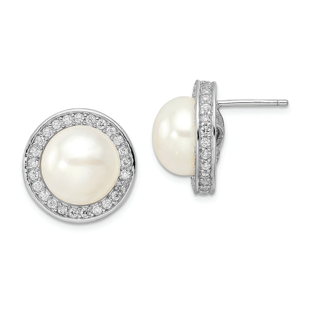 Sterling Silver Cheryl M Rh-p CZ & 12mm FWC Pearl Stud Earrings