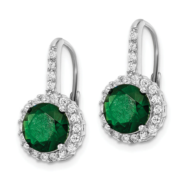 Sterling Silver Cheryl M Rhod-pl Green Glass & CZ Leverback Earrings