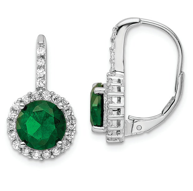 Sterling Silver Cheryl M Rhod-pl Green Glass & CZ Leverback Earrings