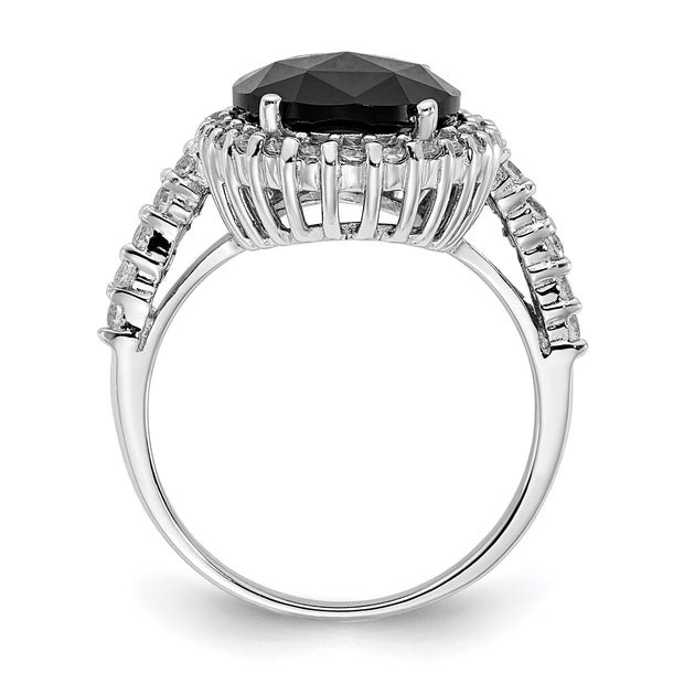 Sterling Silver Cheryl M Rhod-plated Black & White CZ Oval Halo Ring