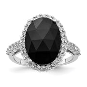 Sterling Silver Cheryl M Rhod-plated Black & White CZ Oval Halo Ring